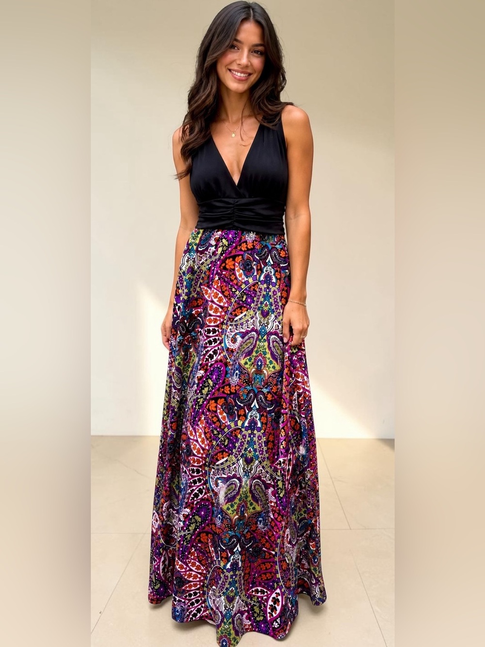 Boho Paisley Maxi Dress Black Top Deep V Open Back Size M